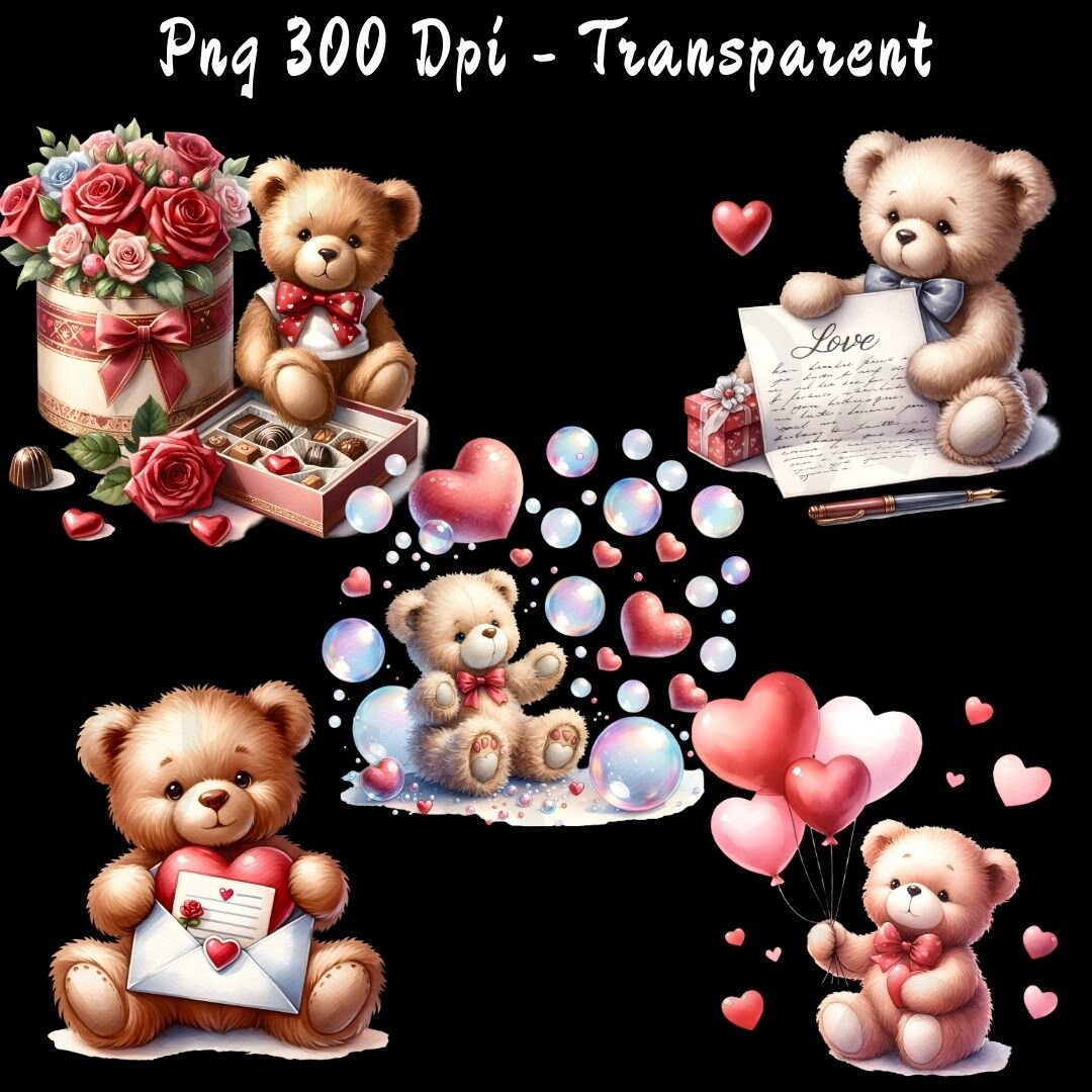 31 Watercolor Valentines Teddy Bear Clipart, PNG Valentines Day Clipart ...