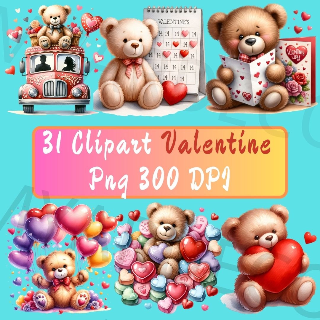 31 Watercolor Valentines Teddy Bear Clipart, PNG Valentines Day Clipart ...