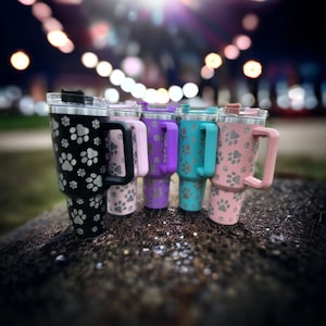 40 oz. Stainless Steel Custom Laser Engraved Puppy Paws Tumbler / Laser Engraved Tumbler /  Puppy Paws / Stainless Steel Tumbler with Handle