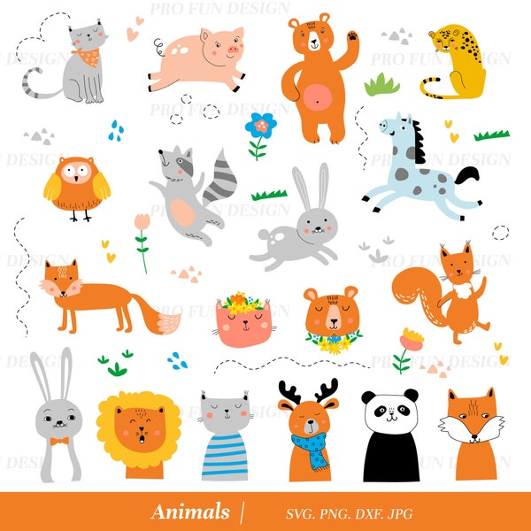 Fun animals bundle jpeg png pdf t-shirt print svg, bear fox elk squirrel hare horse lion deer owl, cute animals wall art instant download