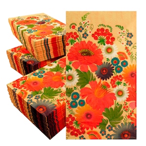 May include: A stack of paper napkins with a floral design. The napkins feature a colorful pattern of red, orange, yellow, green, blue, and purple flowers on a cream background.