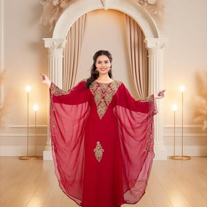 Maroon Embroidered Georgette Kaftan Dress: Dubai Style Abaya Gown
