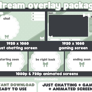 May include: A green and white stream overlay package with a chat box, a live screen, and animated screens. The package includes a just chatting screen, a gaming screen, a starting soon screen, a be right back screen, and an ending soon screen. The text "stream overlay package" is at the top of the image. The text "1920 x 1080" is below the screens. The text "1080p & 720p animated screens" is below the animated screens. The text "INSTANT DOWNLOAD READY TO USE" is at the bottom left of the image. The text "JUST CHATTING + GAMING + ANIMATED SCREENS" is at the bottom right of the image.