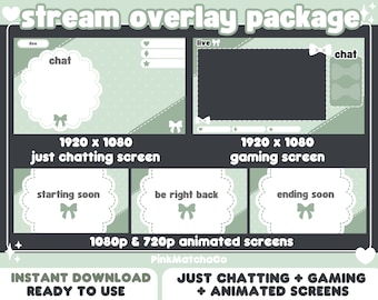 Cute Animated Pastel Green Scalloped Ribbon Stream Package | Twitch Overlays Set | Just Chatting + Gaming | Offline Screen | Vtuber Streamer