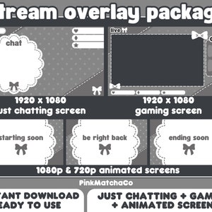 Cute Animated Gray Minimal Scalloped Ribbon Stream Package | Grey Twitch Overlays Set | Chatting & Gaming | Offline Screen | Vtuber Streamer