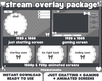 Cute Animated Gray Minimal Scalloped Ribbon Stream Package | Grey Twitch Overlays Set | Chatting & Gaming | Offline Screen | Vtuber Streamer