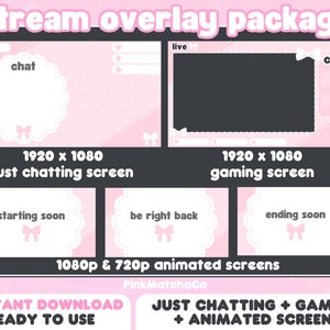 Cute Animated Pastel Pink Scalloped Ribbon Stream Package | Twitch Overlays Set | Just Chatting + Gaming | Offline Screen | Vtuber Streamer