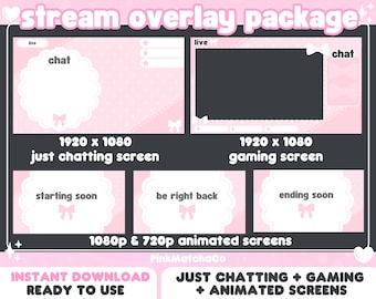 Cute Animated Pastel Pink Scalloped Ribbon Stream Package | Twitch Overlays Set | Just Chatting + Gaming | Offline Screen | Vtuber Streamer