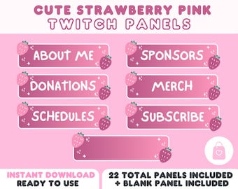 Cute Strawberry Pink Twitch Panels | Fruit Theme Streamer VTuber Kawaii Cute Aesthetic | 22 Panels + Blank Panel for Customization