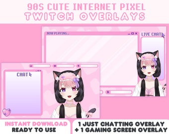 Pink 90s Internet Cute Pixel Twitch Overlays Screens | Y2K Retro Lofi Windows Kawaii | Perfect for VTubers | Streamer VTuber Package