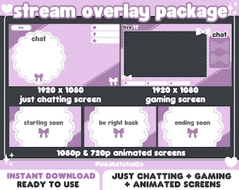 Cute Animated Pastel Purple Scalloped Ribbon Stream Package | Twitch Overlays Set | Just Chatting Gaming | Offline Screen | Vtuber Streamer