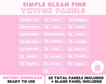 Simple Clean Pink Twitch Panels | Minimalism Theme Streamer VTuber Kawaii Cute Minimal Aesthetic | 22 Panels + Blank Panel for Customization