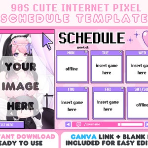 Rosa 90er Jahre Internet Niedlich Pixel Weekly Stream Zeitplan Vorlage | Y2K Retro Fenster Kawaii Twitch Vtuber | Enthält Canva Link + Blank PNG