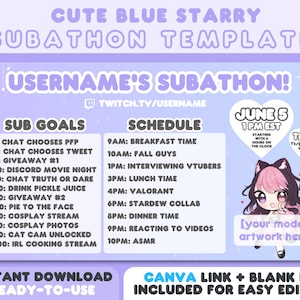 Blue Cute Starry Subathon Template | Kawaii Pastel Blue Twitch Streamer Vtuber Uncapped or Capped | Includes Canva Link for Easy Editing