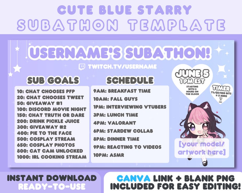 Blue Cute Starry Subathon Template Kawaii Pastel Blue Twitch Streamer
