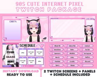 PAQUETE / Pink 90s Internet Cute Pixel Twitch Overlays + Panels + Stream Schedule / Y2K Retro Lofi Windows Kawaii / ¡Perfecto para VTubers!