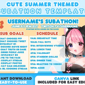 Cute Summer Subathon Template  | Twitch Subathon | Beach Ocean Streamer Vtuber Uncapped or Capped | Includes Canva Link for Easy Editing