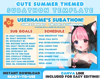 Niedliche Sommer Subathon Vorlage | Twitch Subathon | Beach Ocean Streamer Vtuber Ohne Kappe oder Mit Kappe | Enthält Canva Link für einfache Bearbeitung
