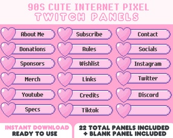 Pink 90s Internet Cute Pixel Twitch Panels | Y2K Retro Windows Theme Streamer VTuber Kawaii Twitch Panels Pack