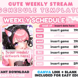 Niedliche rosa Themen Stream Zeitplan Vorlage | Kawaii Pastel Yellow Twitch Streamer Vtuber Wochenplan | Enthält Canva Link + Blank PNG