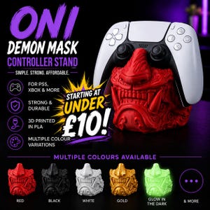 May include: A red Oni demon mask controller stand with a white and black game controller resting on top. The stand is 3D printed and available in multiple colors, including black, white, gold, and glow-in-the-dark. Text on the image reads "ONI DEMON MASK CONTROLLER STAND".