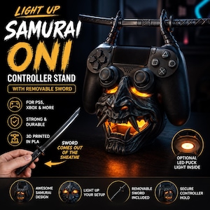 Lysande Samurai Oni Demon Mask Kontrollstativ | PS4, PS5, Xbox, Steam och Nintendo Kontroller med avtagbart svärd