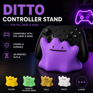 以下が含まれることがあります： 黒いコントローラーの後ろにある紫色のDittoコントローラーのスタンド。スタンドはPS5、Xboxなどに対応しています。スタンドは頑丈で耐久性があり、PLAで3Dプリントされています。追加の色には、黄色、暗闇で光る緑、金、白が含まれます。