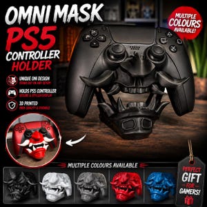 May include: Black PS5 controller holder with an Oni mask design. The holder is 3D printed and designed to securely display a PS5 controller. The image also shows a red controller holder and a variety of color options. Text on the image reads "OMNI MASK PS5 CONTROLLER HOLDER".