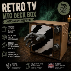 Caja para mazos MTG con diseño de TV retro / Caja para mazos Commander de terror / Más de 100 cartas con doble funda / Almacenamiento de mazos estilo Duskmourn / Regalo de Magic The Gathering