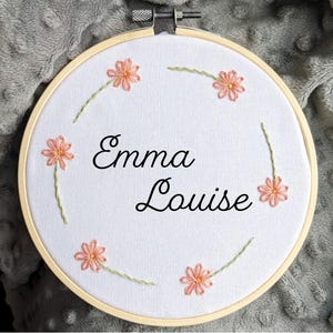 Custom Name Embroidery Hoop | Floral Baby Girl Announcement | Personalized Nursery Decor | Unique Baby Gift | Hand Embroidered Wall Art Gift