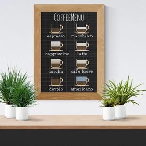 Könnte beinhalten: Ein gerahmtes Kaffeemenü mit Holzrahmen zeigt verschiedene Kaffeesorten, darunter Espresso, Macchiato, Cappuccino, Latte, Mokka, Café Breve, Doppio und Americano. Das Menü hat einen schwarzen Hintergrund mit weißem Text und Illustrationen.