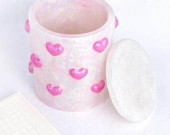 Handmade Resin Trinket Jar Pink Pastel Heart Container Home Gift Glitter Coquette Girly Pencil Holder for Women Cute Desk Decor for Office