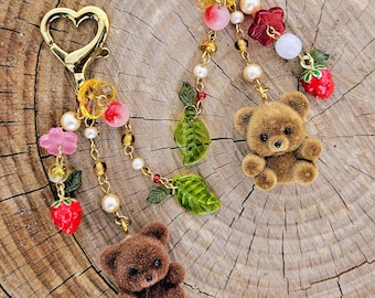 Teddy Bear and Strawberry Beaded Heart Cluster Keychain for Bag Accessories for Girls Cottage core Aesthetic