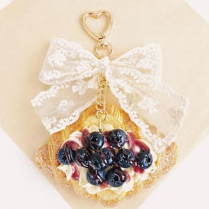 Bakery Themed Handmade Beaded Keychain with Lace Bow Womens Coquette Girly Purse Accessory Teddy Bear Blueberry Bread Squishy Food Charm