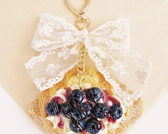 Bakery Themed Handmade Beaded Keychain with Lace Bow Womens Coquette Girly Purse Accessory Teddy Bear Blueberry Bread Squishy Food Charm