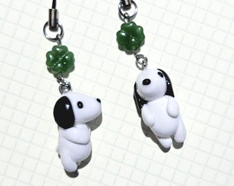 Handmade Clay Puppy Phone Strap Little White Dog Camera Charm Kawaii Soup Belly Keychain Gift Lucky Four Leaf Clover Cute animal
