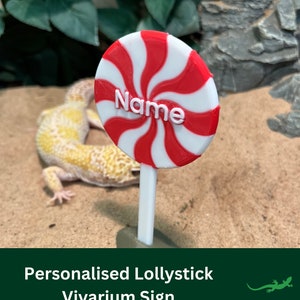 May include: A red and white candy cane lollipop sign with the word "Name" printed on it. The sign is on a white stick and is sitting on a brown surface. The sign is a personalised lolly stick vivarium sign.