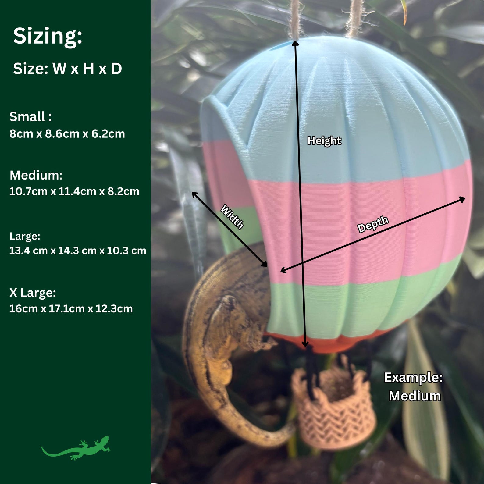 GECKO or FROG Air Balloon Swing, Swinging ledge platform, Crested Gecko Vivarium Decor, Dart tree Frog, Spider, Reptile Gift, Climbing Spot - Medium, 3 Colours with Ring