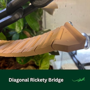 May include: A diagonal, tan-coloured, plastic bridge for a reptile enclosure. The bridge is made of interlocking pieces and is attached to the side of the enclosure with a suction cup.