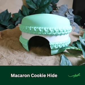 May include: A light green and white macaron-shaped reptile hide. The hide is made of a smooth, textured plastic and has a large opening at the front.