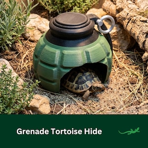 May include: A green, textured tortoise hide shaped like a hand grenade with a black top and a silver pull ring. A small tortoise with a patterned brown and tan shell is partially visible inside the hollow opening of the grenade-shaped structure.