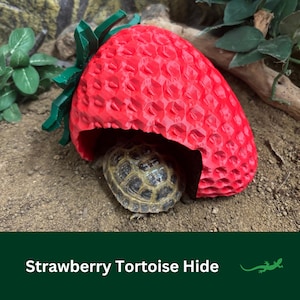 May include: A red strawberry-shaped tortoise hide made of plastic. The hide has a textured surface and a green leafy top. A small tortoise is hiding inside the hide.