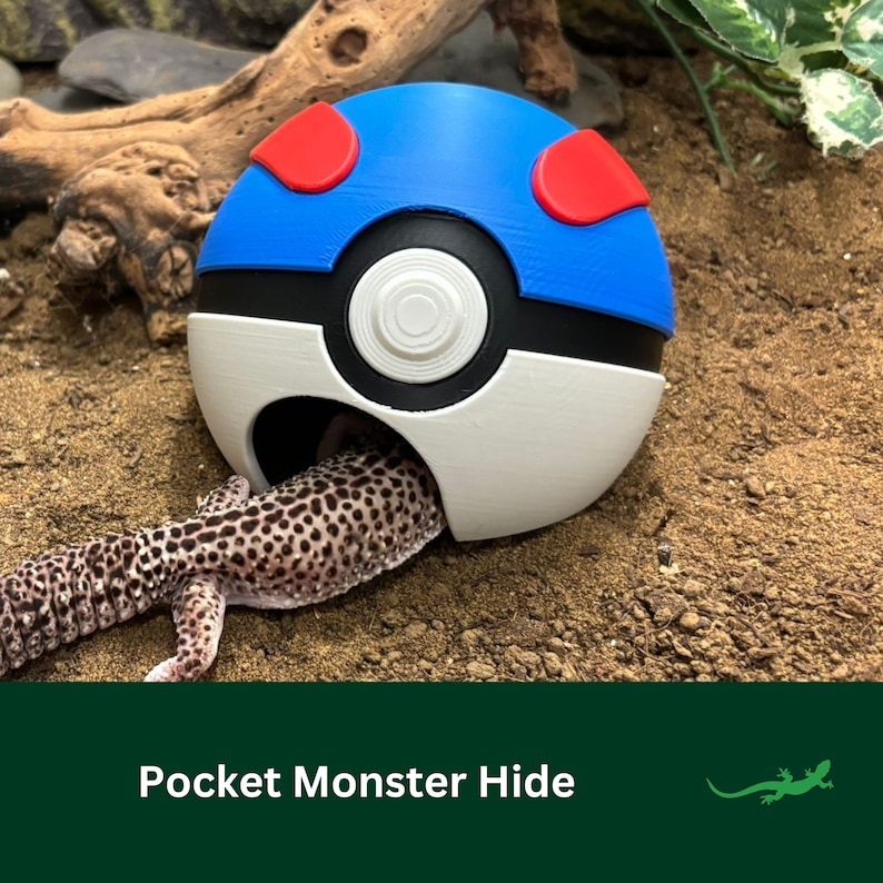 May include: A white, blue, and black Pokeball-shaped reptile hide with a small lizard peeking out of the opening.