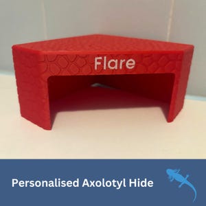 May include: A red axolotl hide with the word "Flare" printed in white. The hide has a textured surface and a pentagonal shape. The hide is designed to provide shelter for axolotls.