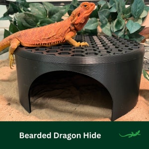 May include: Black plastic bearded dragon hide with a honeycomb-patterned top. A bright orange bearded dragon is perched on the top of the hide.