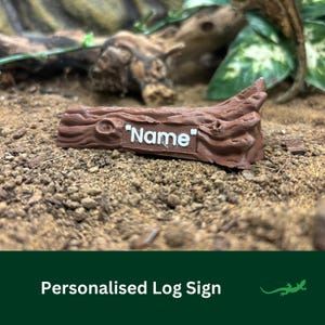 Letrero con nombre personalizado en forma de tronco de árbol, decoración para reptiles, accesorio de regalo para vivero, adorno para amantes de los reptiles, gecos, arañas saltarinas y ranas.