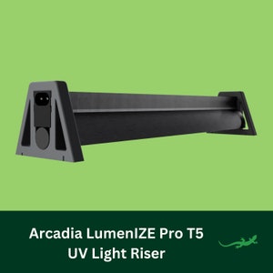 May include: Black Arcadia LumenIZE Pro T5 UV Light Riser for reptiles. The riser has a black power cord and a black base with a triangular shape.