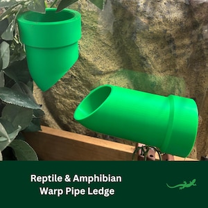 May include: Green plastic reptile and amphibian warp pipe ledge. The ledge is shaped like a pipe with a curved opening. The ledge is designed to be used in a terrarium or vivarium.