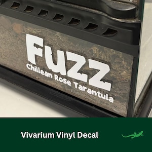 May include: White vinyl decal with the text "FUZZ Chilean Rose Tarantula" on a black background. Vivarium Vinyl Decal.