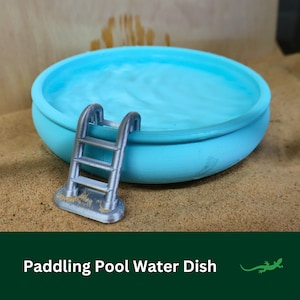 May include: A light blue plastic paddling pool with a grey plastic ladder. The pool is filled with water and is sitting on a sandy surface.